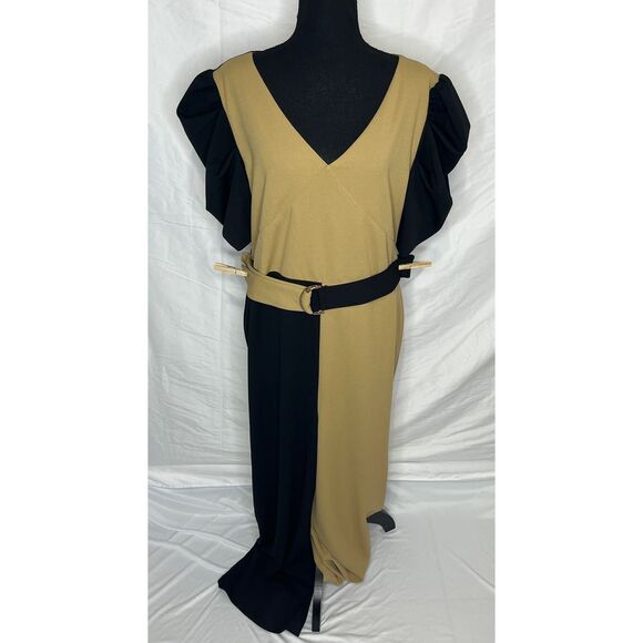Midnight Velvet Two Tone Black & Tan Maxi Pant Suit with Puff Sleeves, Size 16 - Picture 3 of 10